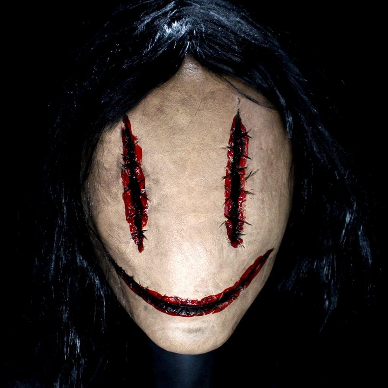 Creepy Halloween Mask with Hair, Scary Stitching Ghost Cosplay Mask Natural Latex Horror Face Mask for Halloween Party, Themed Party, Cosplay, Horror Mask for Men Women
