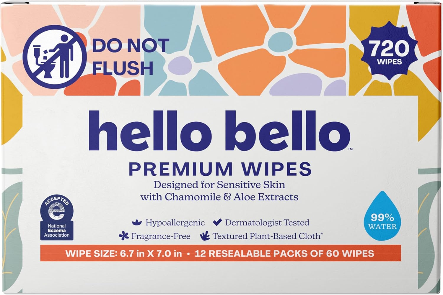 Hello Bello Premium Wipes, Designed for Sensitive Skin with Chamomile & Aloe Extracts, Flower Pop (12 Resealable Packets = 720 Total Wipes)