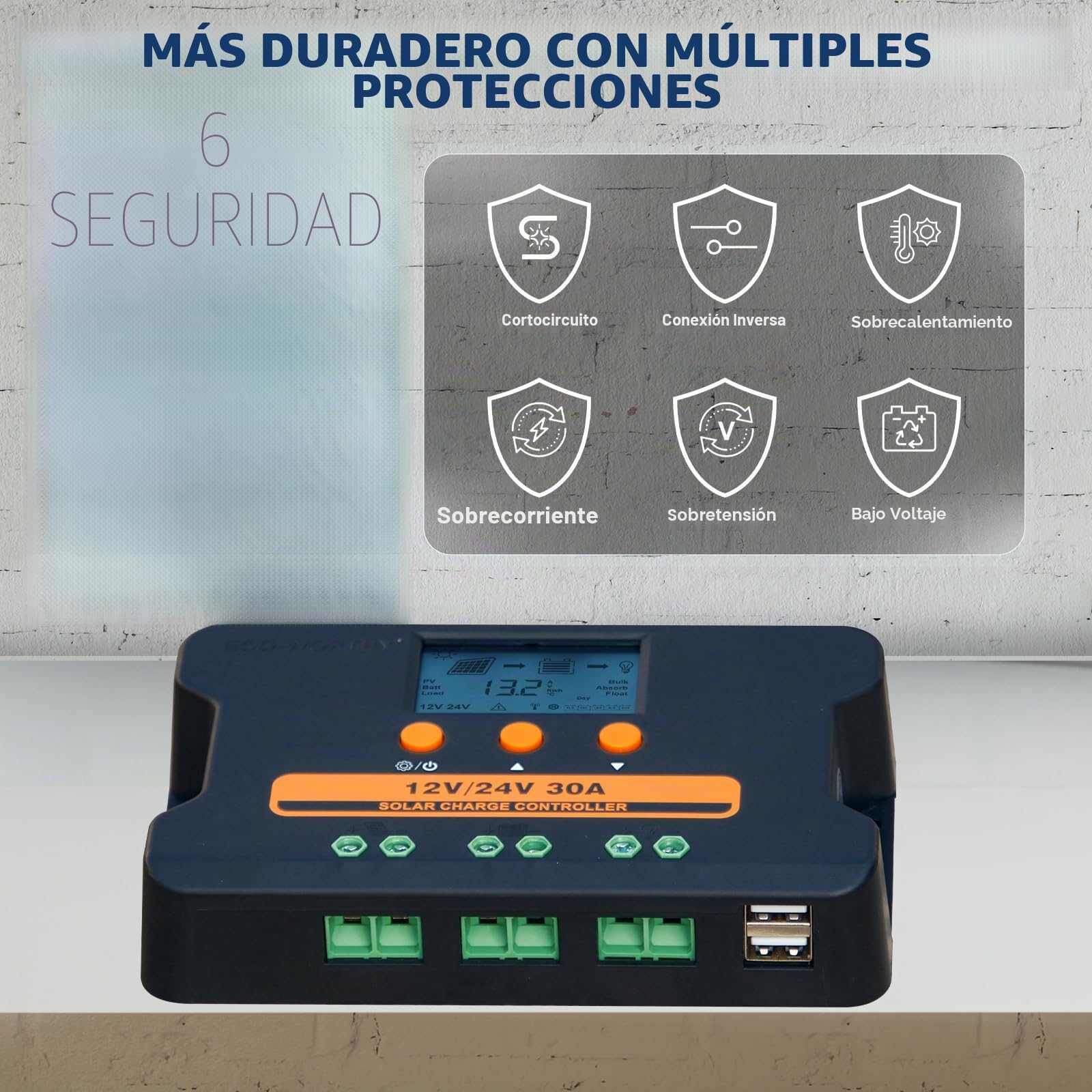 ECO-WORTHY Regulador de carga solar PWM 30A, 12V/24V, controlador con puerto USB dual 5V y pantalla LCD para baterías FLD, LFP