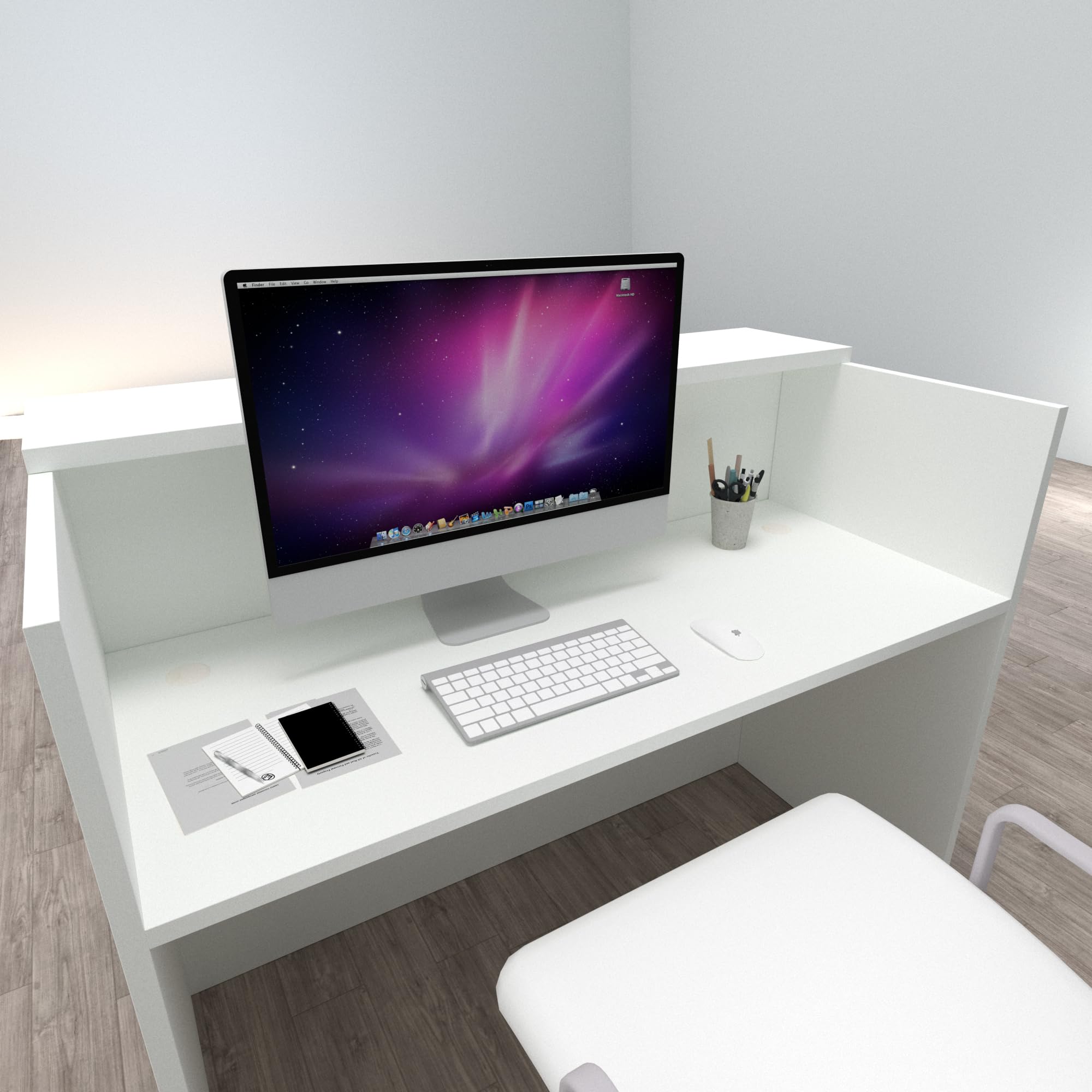 Henor Bancone Reception Ebro. 110 x 60/75 x 110 cm. Legno Con tavolo interno. Ideale per ufficio, reception, attenzione, commercio. Bianco Opaco