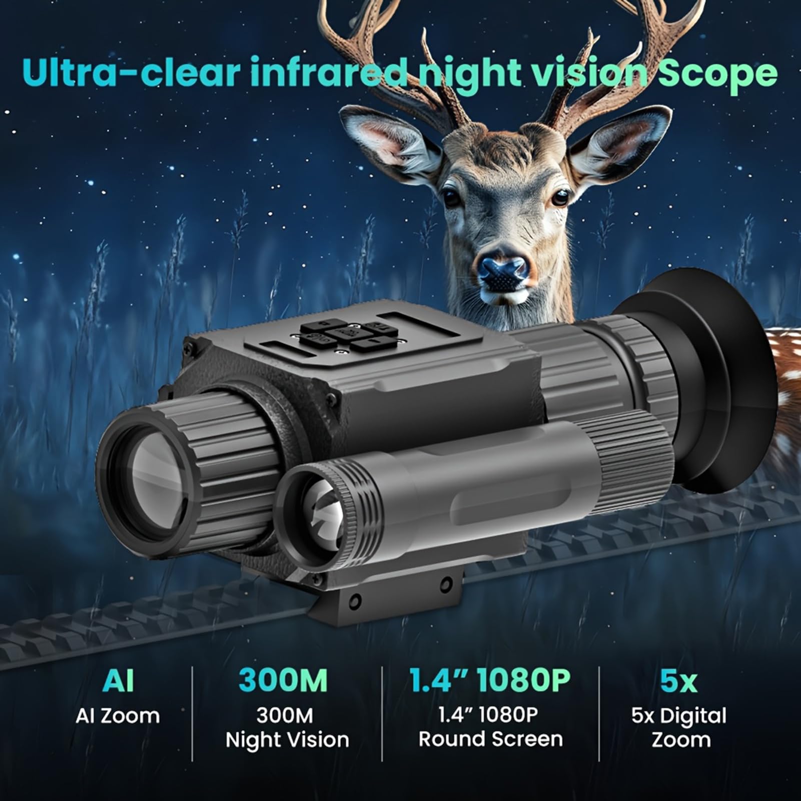 NK008 - Mira digital de visión nocturna para caza, zoom digital 5X 1080P visión nocturna monocular, iluminador IR 850 integrado, tarjeta de 32 GB incluida