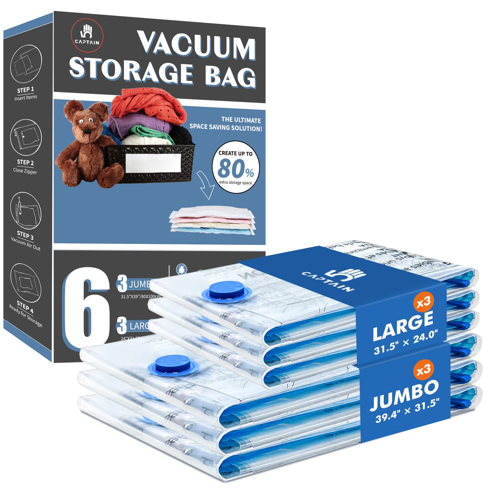 CaptainFive Vacuum Storage Bags 6 Combo (3 Jumbo 3 Large) Space Saver Sealer