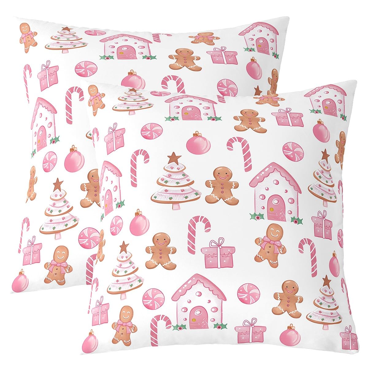 Pink Gingerbread Throw Pillow Covers (Pack of 2),Christmas Tree Cushion Cover for Kids Girls Boys Xmas Candy Bells Pillow Cases Cute Gingerbread Men Living Room Sofa Bed Decor,16"Lx16"W — image 1