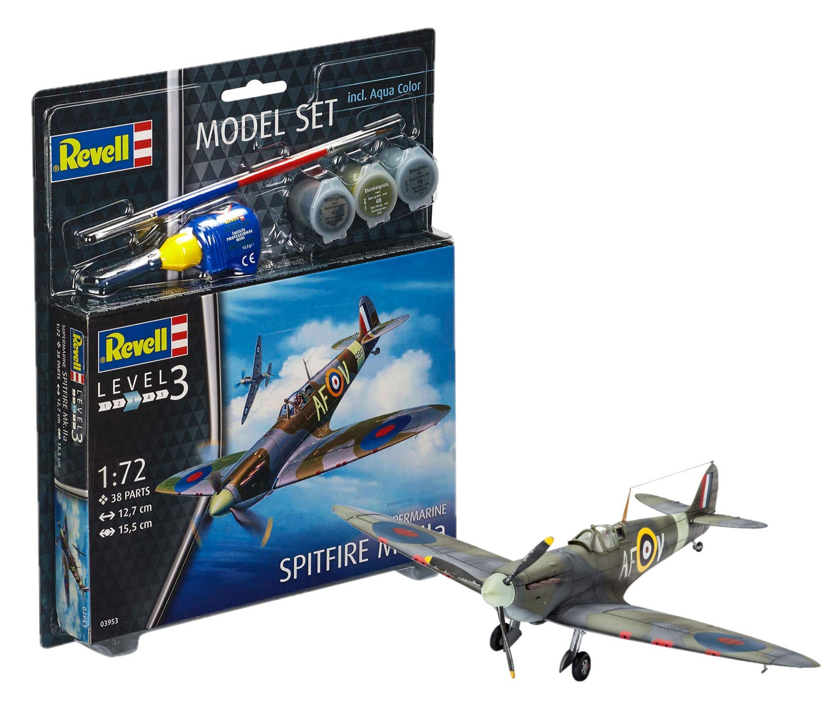 Revell Model Set 63953 Spitfire Mk.IIa 1:72 Scale Unbuilt/Unpainted Plastic Model Kit with Contacta Professional Glue, Paintbrush & Selected Aqua Color Paints