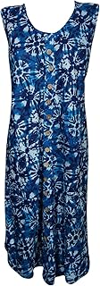 Mogul Interior Women Tank Dress Blue Sleeveless Batik Print Bohemian Dresses M