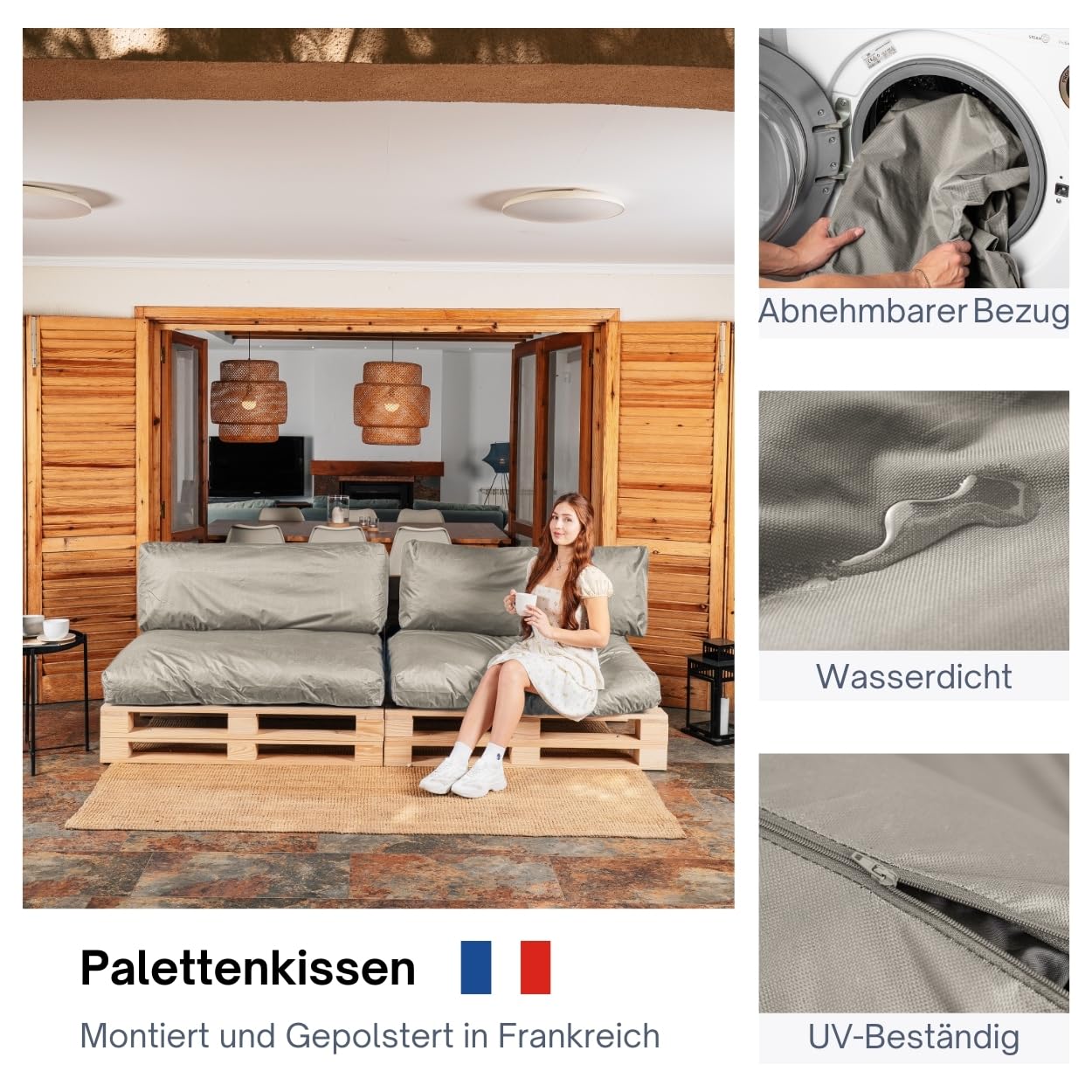 bananair - Palettenkissen Outdoor Wasserdicht & Abnehmbar - Schaumstoffpolsterung, Bequem - Polster Ideal für Europaletten/Palettenmöbel (Set 2 Sitzkissen 120x80 + 2 Rückenkissen 120x40, Hellgrau)