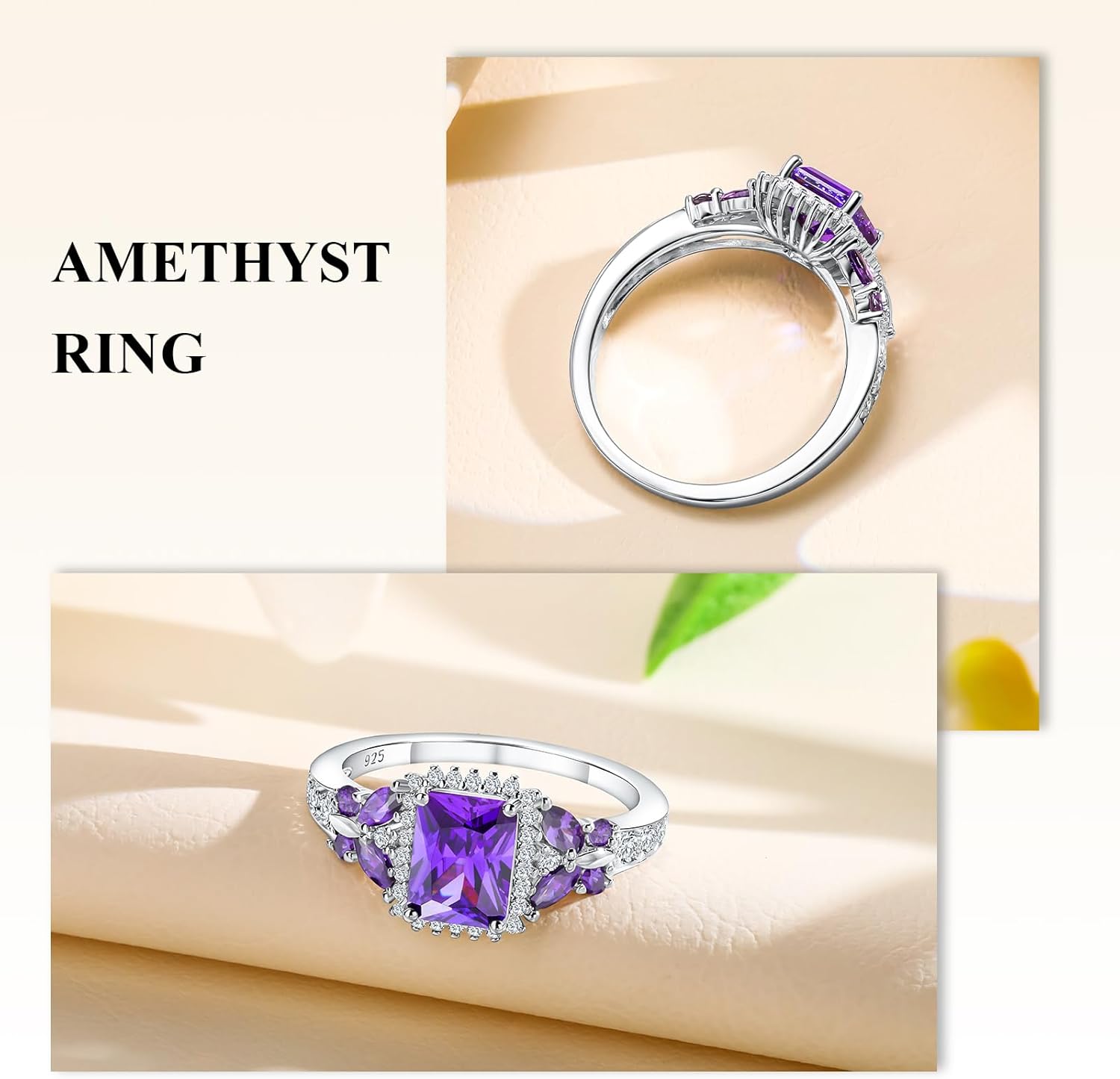 Butterfly Rings for Women, 925 Sterling Silver 3-4 Carat Birthstone Halo Ring Amethyst/Emerald/Blue Sapphire/Ruby Promise Ring Emerald Cut Engagement Rings for Her,Lovers Birthday Valentines Gift