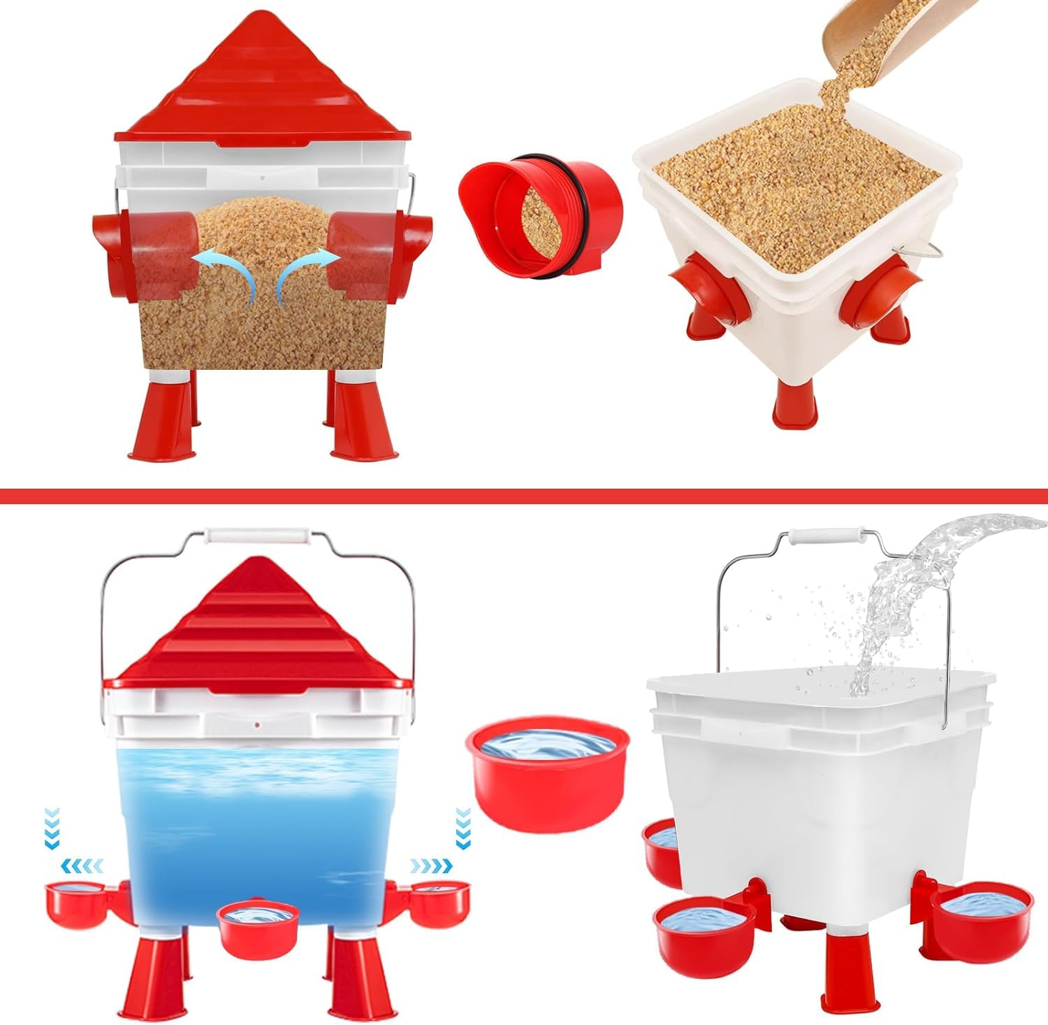Set de Bebedero y Comedero para Gallinas 8KG/7L, Bebedero Gallinas Automatico, Comedero Gallinas Antipajaros con 4 Aperturas 4 Tazas, con Pies Ajustables y Cadenas de Acero