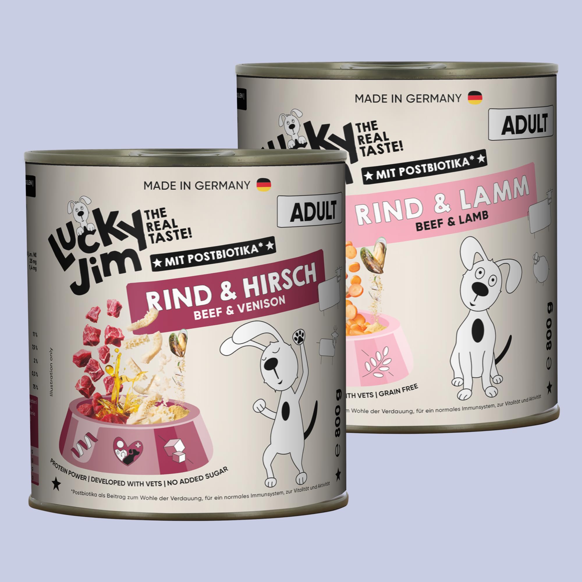LUCKY JIM Rind, Lamm & Hirsch Hundefutter nass - 12 x 800g Dosen - Nassfutter für Hunde, ohne Zuckerzusatz & mit Postbiotika für die Verdauung, Made in Germany - mit Tierärzten entwickelt