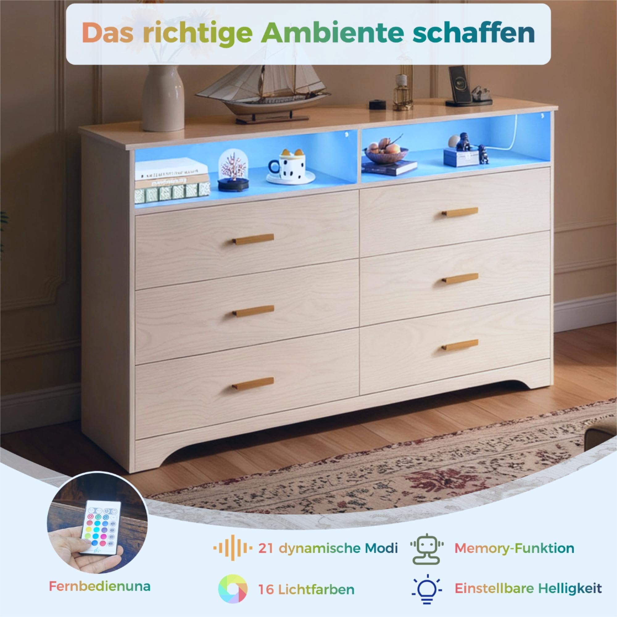 IRONCK Kommode Weiß, Komodenschrank mit LED-Lichtleiste und 2 Steckdosen, Schubladenschrank mit 6 Schubladen und 2 Fächer für Wohnzimmer, Schlafzimmer, Holz, 40 x 150 x 94.7 cm