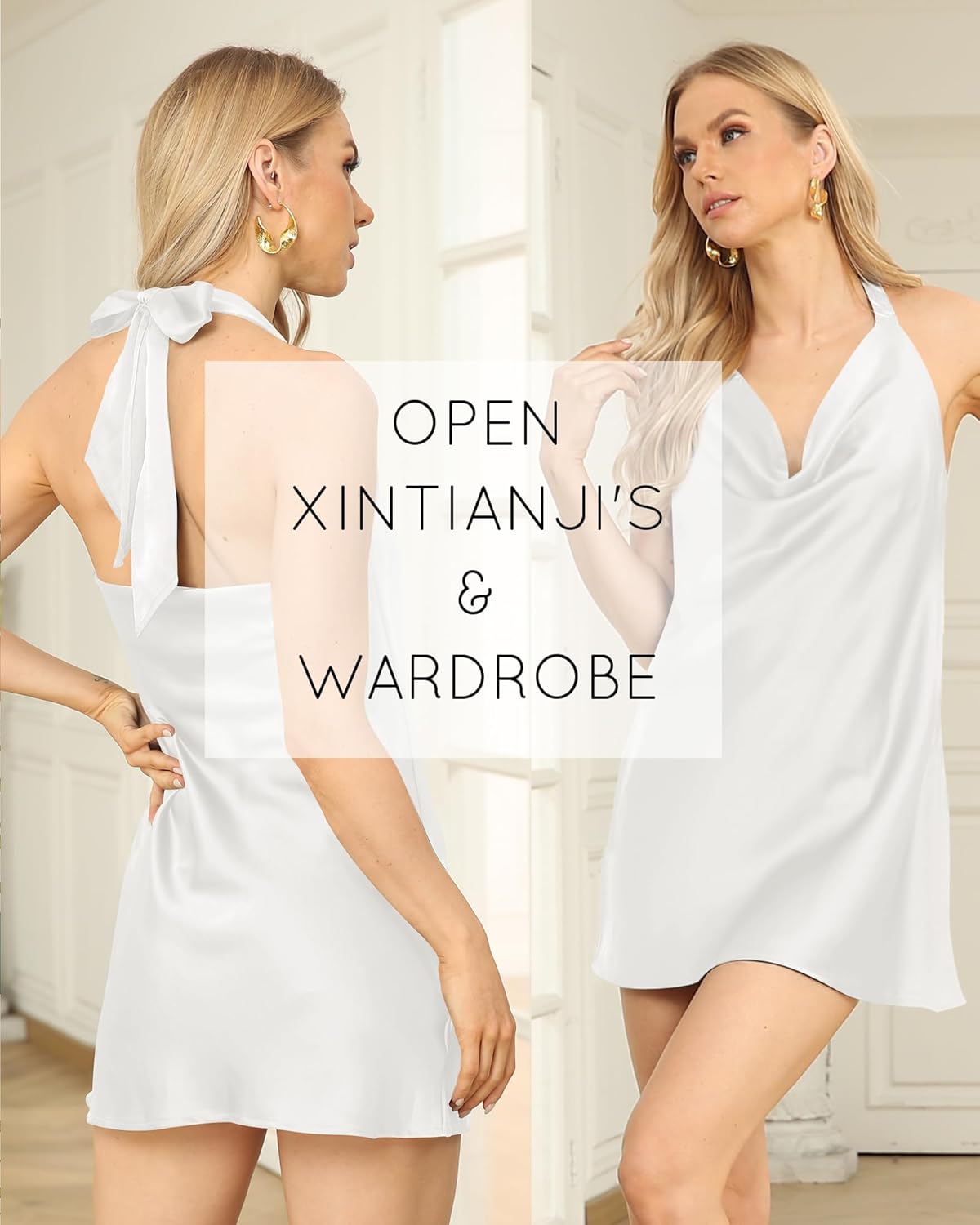 Xintianji Women's Satin Halter Mini Slip Dress Cowl Neck Backless Silky Dresses - Image 2