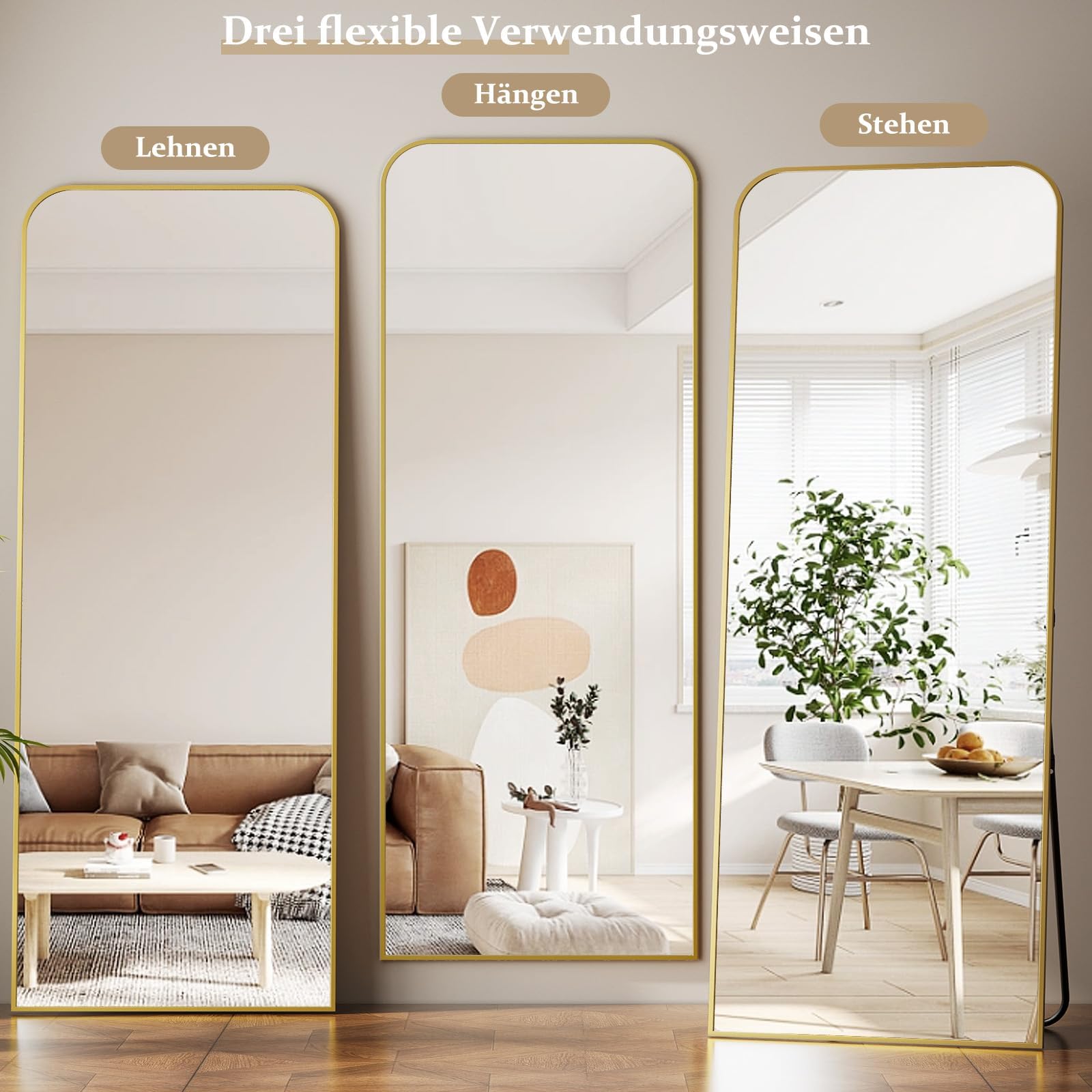 Koonmi Ganzkörperspiegel Bogen 52 x 142 cm Gold, Stabiler Rahmen im Alltag | mit Ständer, zum Anlehnen oder Aufhängen, stabiler Rahmen, Sicherheitsglas für Schlafraum, Ankleide, Wohnzimmer und Flur