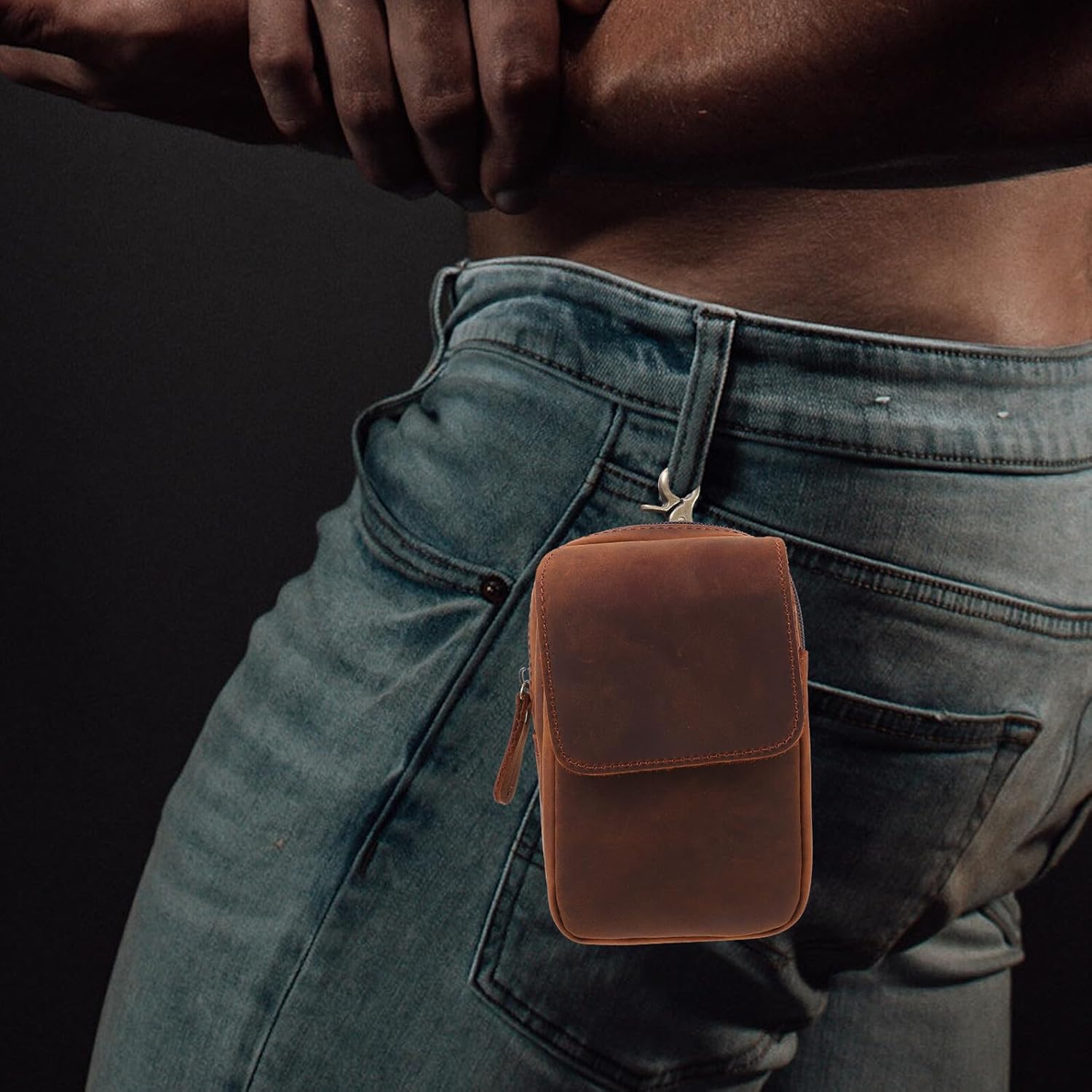 Men’S Outdoor Leather Cell Phone Waist Bag, Multifunctional Portable Waist Pouch, Anti-Lost Mini Cellphone Pouch for Hiking and Worksite Use