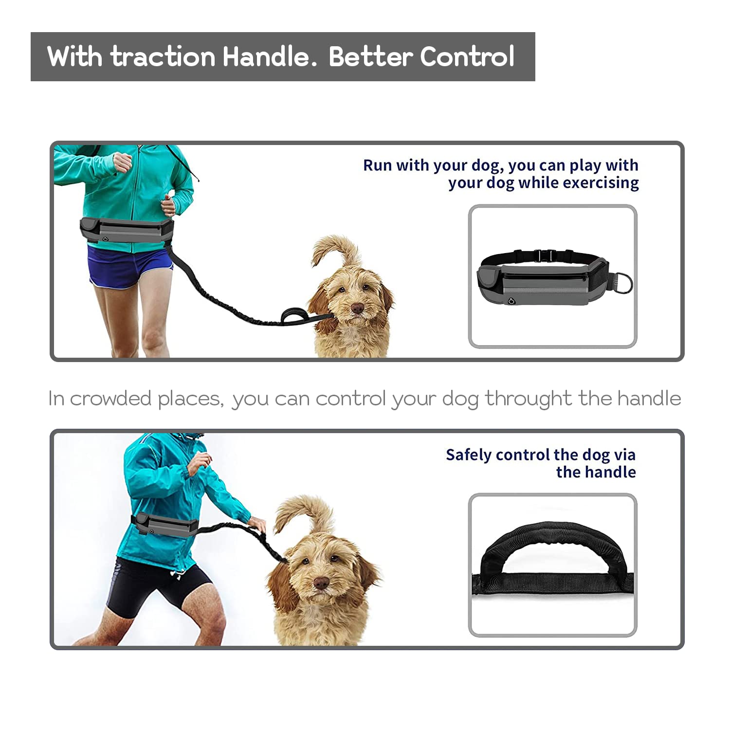 Edipets, Guinzaglio Mani Libere per Cani, per Corsa, Jogging, Running, Anti-tiro, Riflettente, 160-220 cm (Grigio)