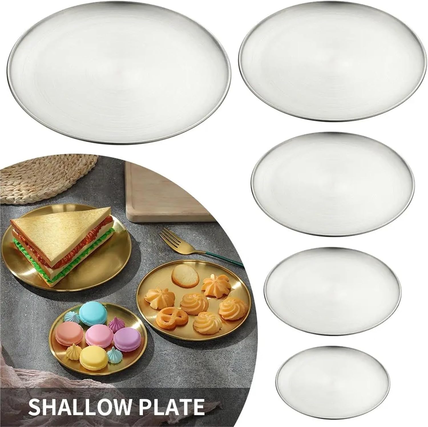 Stainless Steel Plates 5Pcs Stainless Steel Bone Spitting Dish Gold Silver Shallow Tray Metal Dining Disc Round Plate Dessert Tableware(Gold,23CM)