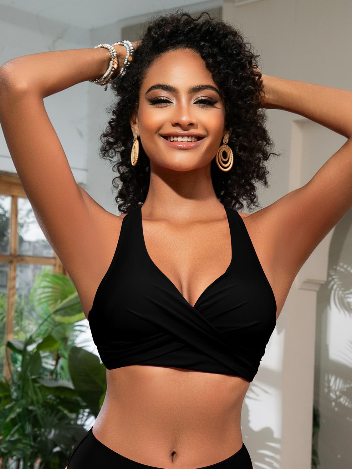 SHEKINI Top de Bikini para Mujer con Espalda Abierta Plisada Cruzada Push Up Cuello en V Ajustable Ropa de Playa