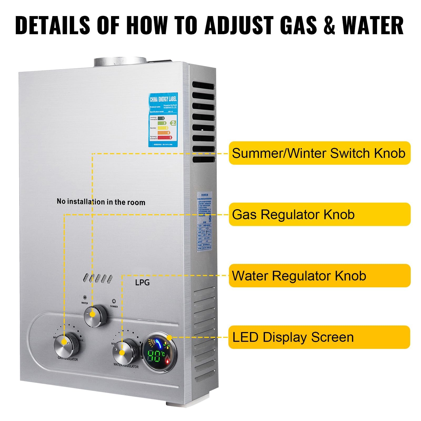 Scaldabagno a Gas GPL,con Modalità Inverno ed Estate,Caldaia a Gas da 36KW a Parete senza Serbatoio Scaldacqua Istantaneo,Scaldabagno Gas di Petrolio Liquefatto,Uscita Dell'acqua Calda 18L/min (10L)