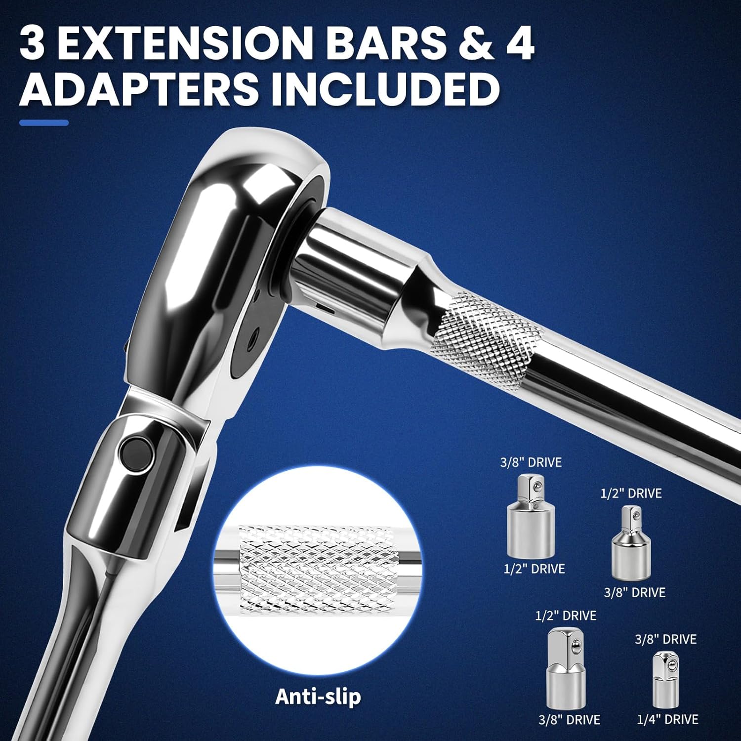 10-Piece Flex Head Ratchet Set, 1/4 3/8 1/2 Inch Drive, Swivel Head Ratchet Wrench with Extension Bars & 4 Adapters, 72-Tooth Quick-Release, EVA Storage Case for Auto & DIY Repairs