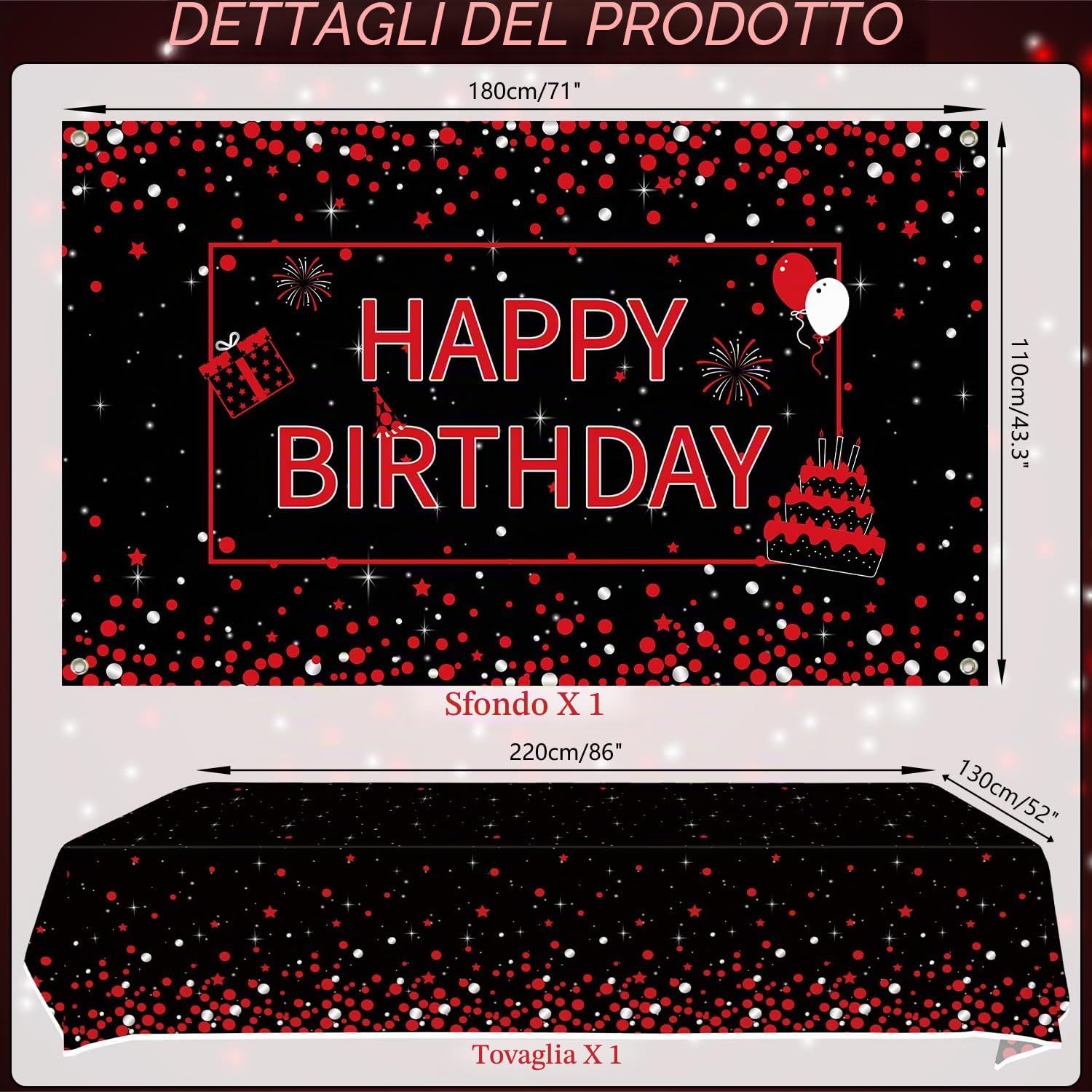 Decorazione di compleanno rosso e nero – accessori per feste rosso nero, tra cui striscioni, piatti, decorazioni per torte, bicchieri, tovaglioli, palloncini, tovaglie, per 20 persone (BJ)