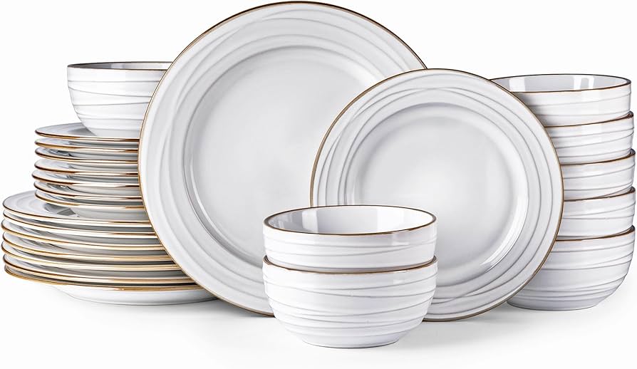 Ceramic Dinnerware Sets, 24 pcs Embossed Elegant Stoneware Plates and Bowls Sets, Housewarming Wedding Gift | Dishwasher & Microwave Safe | Dishes Set Service for 8