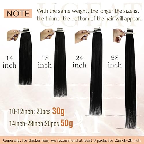 Miniatura 5 de Ugeat Extensiones de cabello humano con cinta adhesiva de doble cara, extensiones invisibles de cabello humano lacio, color negro natural,