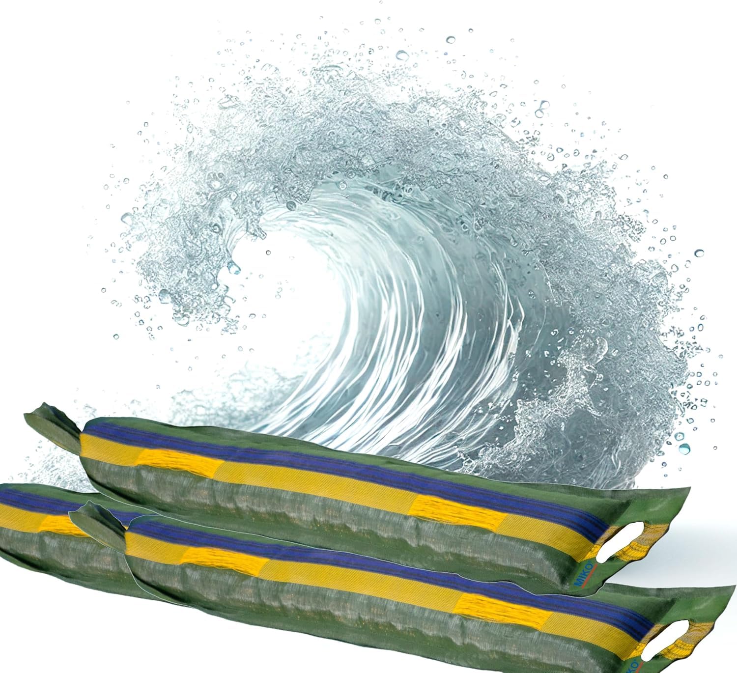 Miko® 3 Stück gefüllte Miko® Sandsäcke, Hochwasserschutz bei Türen und Toren, extrem reißfest und anpassungsfähig, Silosandsäcke, befüllt mit Sand/Kies, inkl. Zugband & Tragelaschen, UV-beständig