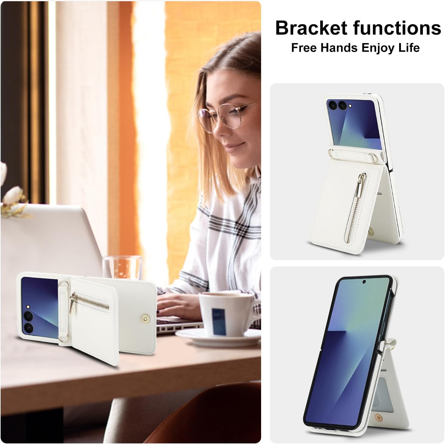 for Samsung Galaxy Z Flip 7 Luxury Zipper Wallet Phone Case, Multi-Function Kickstand Card Holder Adjustable Crossbody Strap, Fashion Flip Case.(White)