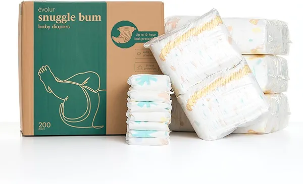 Evolur Snuggle Bum Baby Diapers - Size 2, 200 Count, for Newborns (13 lbs - 24 lbs), Ulta Absorbent Diapers Newborn Baby