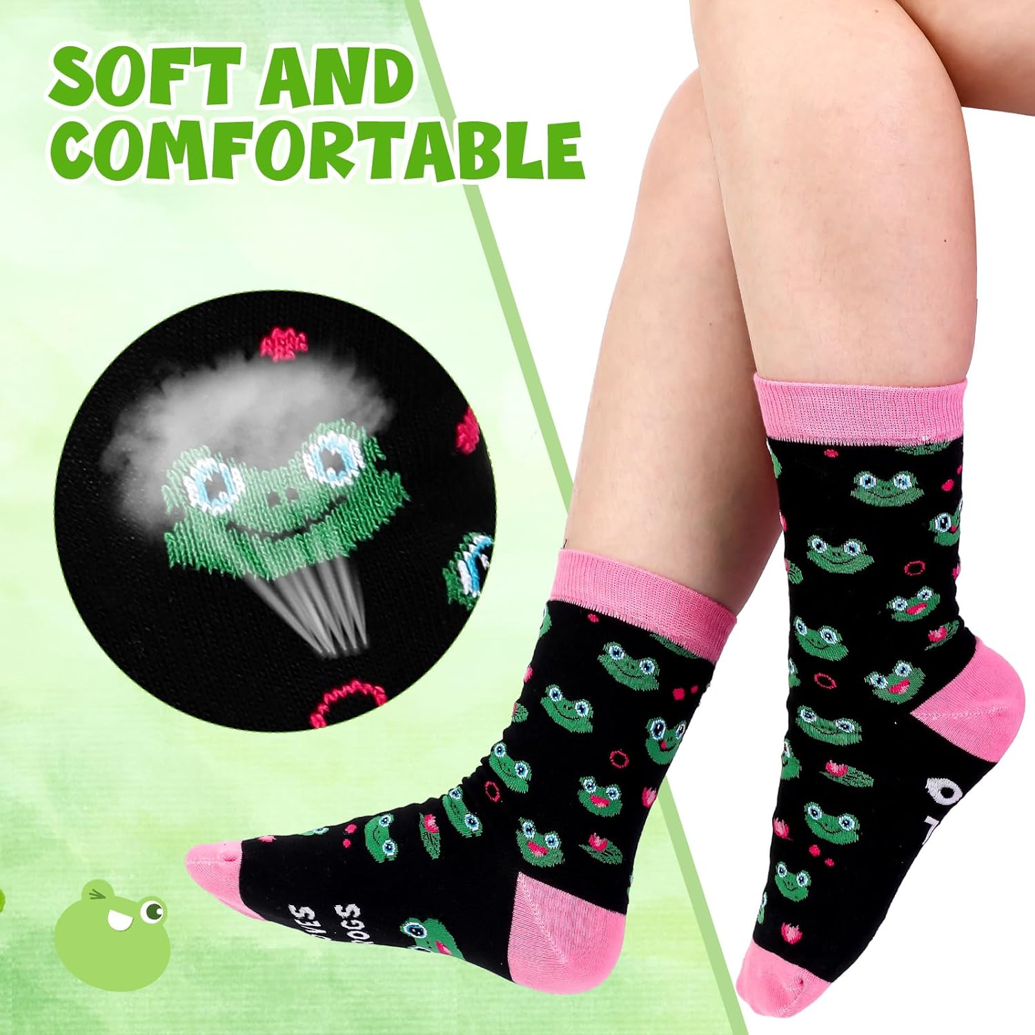 4 Pcs Frog Gifts for Women Set Include 16oz Glass Cup with Lid Straw Green Frog Eye Elastic Headband Cosmetic Bag Frog Cute Socks for Birthday Christmas - Image 4