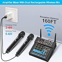 Vista 9 de Aveek Amplificador mezclador de audio de 150 W x2, 4 canales con micrófono inalámbrico dual, consola de placa de sonido MP3 USB digital Bluetooth