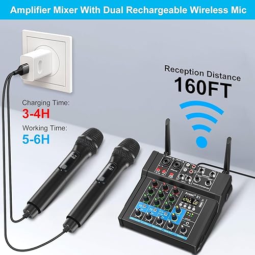 Miniatura 9 de Aveek Amplificador mezclador de audio de 150 W x2, 4 canales con micrófono inalámbrico dual, consola de placa de sonido MP3, entrada digital USB