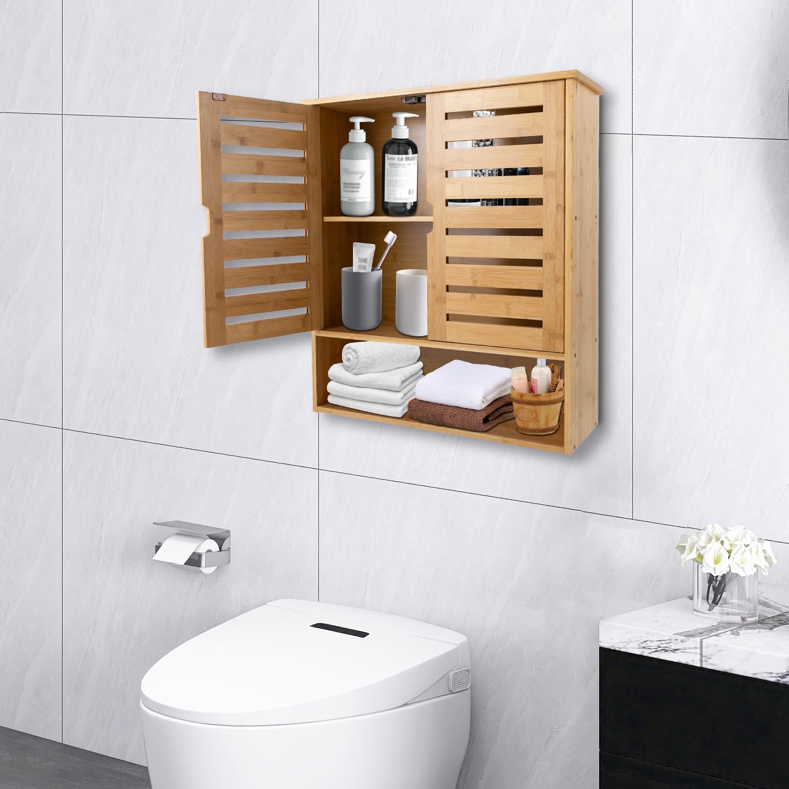 Armadietto da Bagno a Parete, Pensili in bambù per Bagno, Armadietto per medicinali Pensile sopra il WC Organizzatore Salvaspazio Armadietto da Bagno a Parete