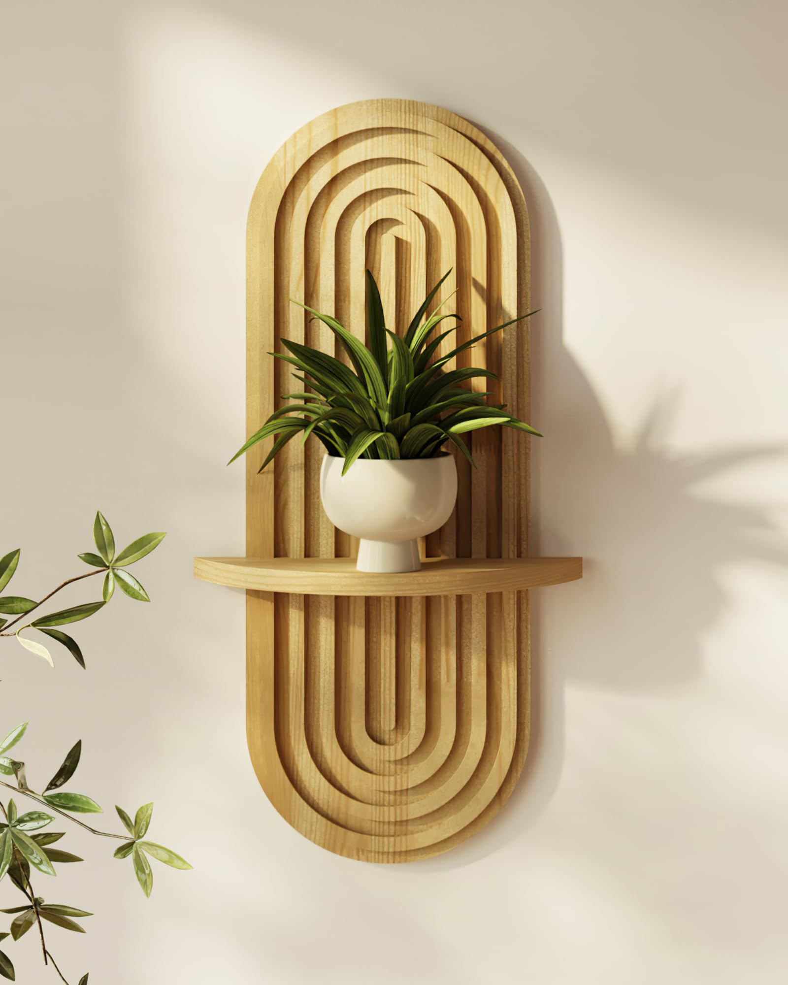 Bamworld Boho Wall Decor Brown Plant Wall Shelf, Mid Century Modern Decor Hanging Plant Shelf, 1-Tier Floating Shelves for Home, Bathroom Bedroom Living Room Natural