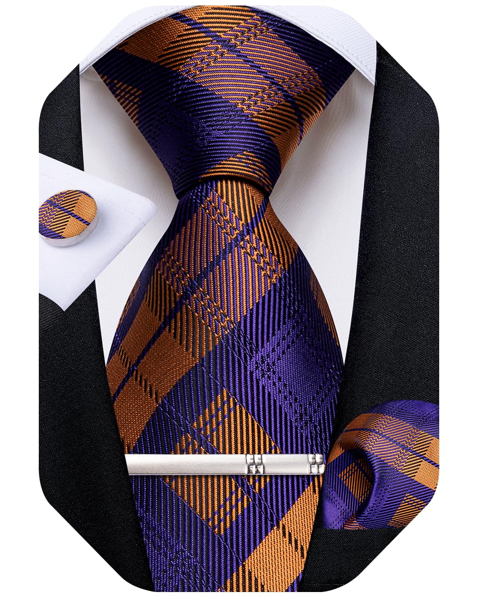 DiBanGu Mens Silk Plaid Tie and Pocket Square Set