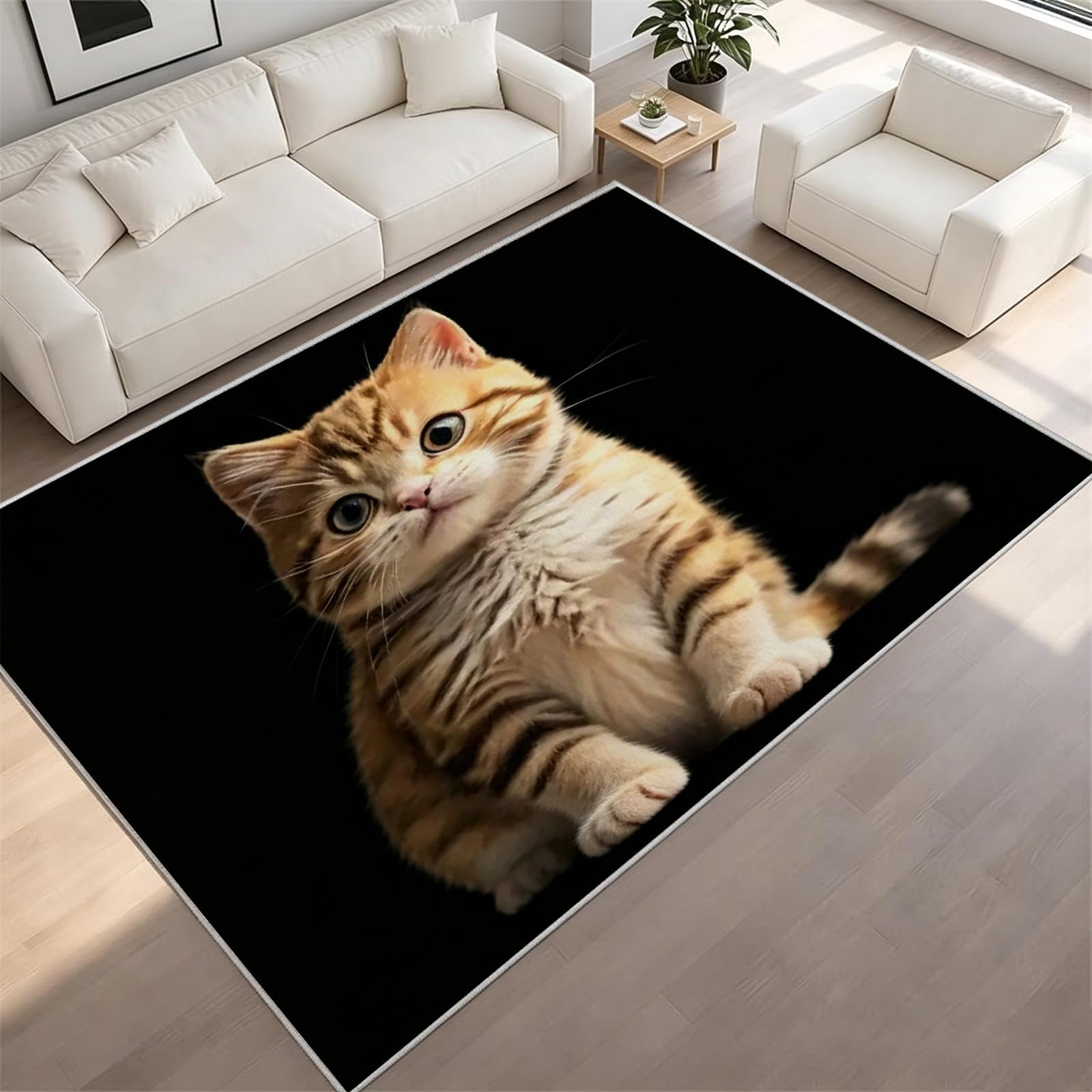 Chat Orange Tapis 150x210 cm Chaton Tigré Mignon Moquette Antiderapant à Poils Courts Tapis 3D Lavable en Machine Convient aux Grands Salons Salles à Manger et Chambres c-17