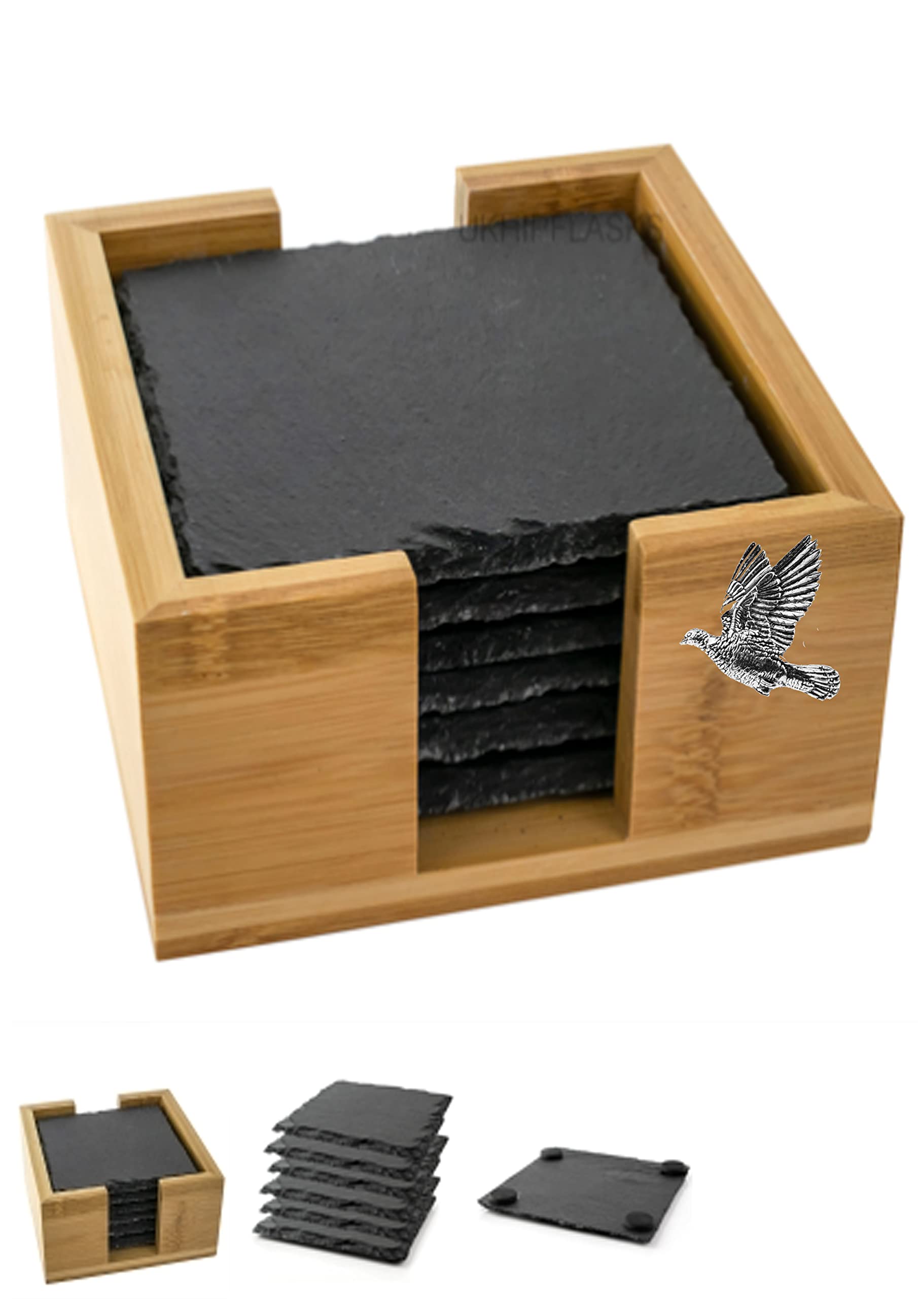 Dessous de verre en ardoise Woodpigeon B34 : lot de 6 carrés avec support élégant en bambou