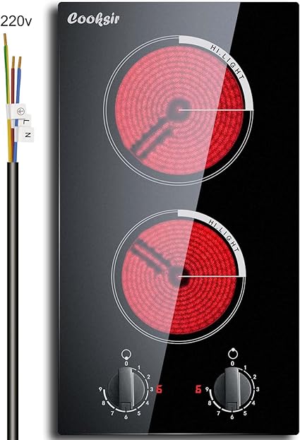 2 Burner Electric Cooktop - 12 Inch Built-in Electric Stove Top 3000W, Radiant Electric Stovetop with 9 Power Level, Knob Control, Auto Shut Down Protection, 220-240V Hard Wired (No Plug)