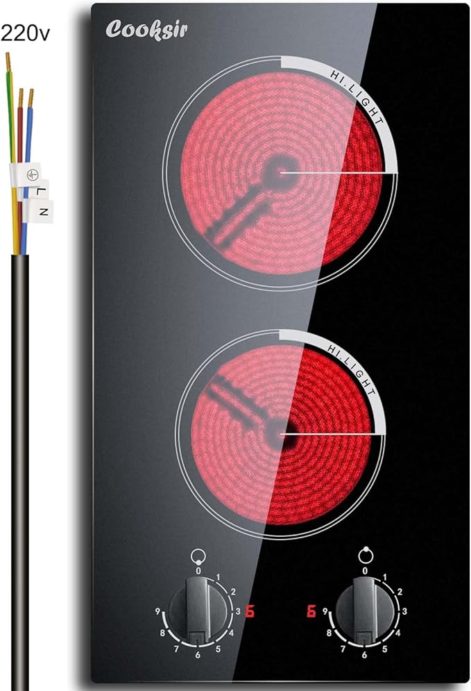 2 Burner Electric Cooktop - 12 Inch Built-in Electric Stove Top 3000W, Radiant Electric Stovetop with 9 Power Level, Knob Control, Auto Shut Down Protection, 220-240V Hard Wired (No Plug)