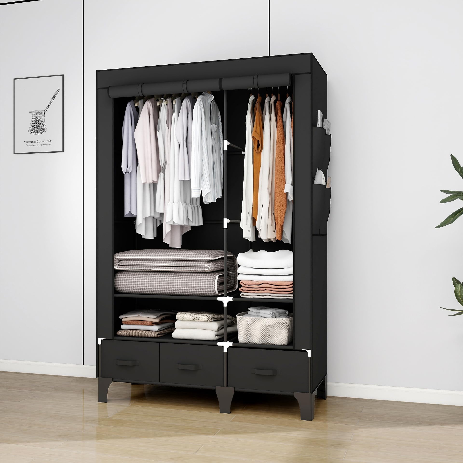 OPPAIYA Armoire en tissu stable - 109 cm de large - Armoire pliante avec 2 tringles et tiroirs - Grande armoire textile pour chambre à coucher - Penderie - Noir - 109 x 45 x 165 cm