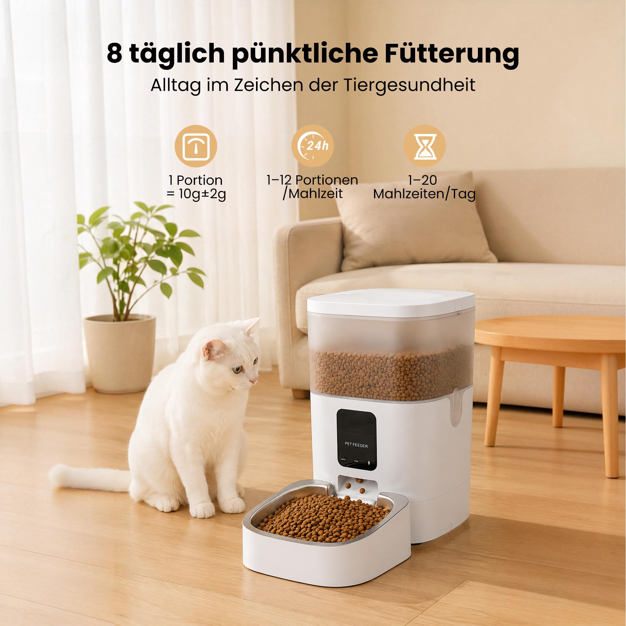Futterautomat Katze, 4L Katzenfutter Automat, 2,4 G WiFi Katzen Futterautomat mit APP Steuerung, Futterspender Katze mit Edelstahlnapf für Katzen & Hunde, Weiß