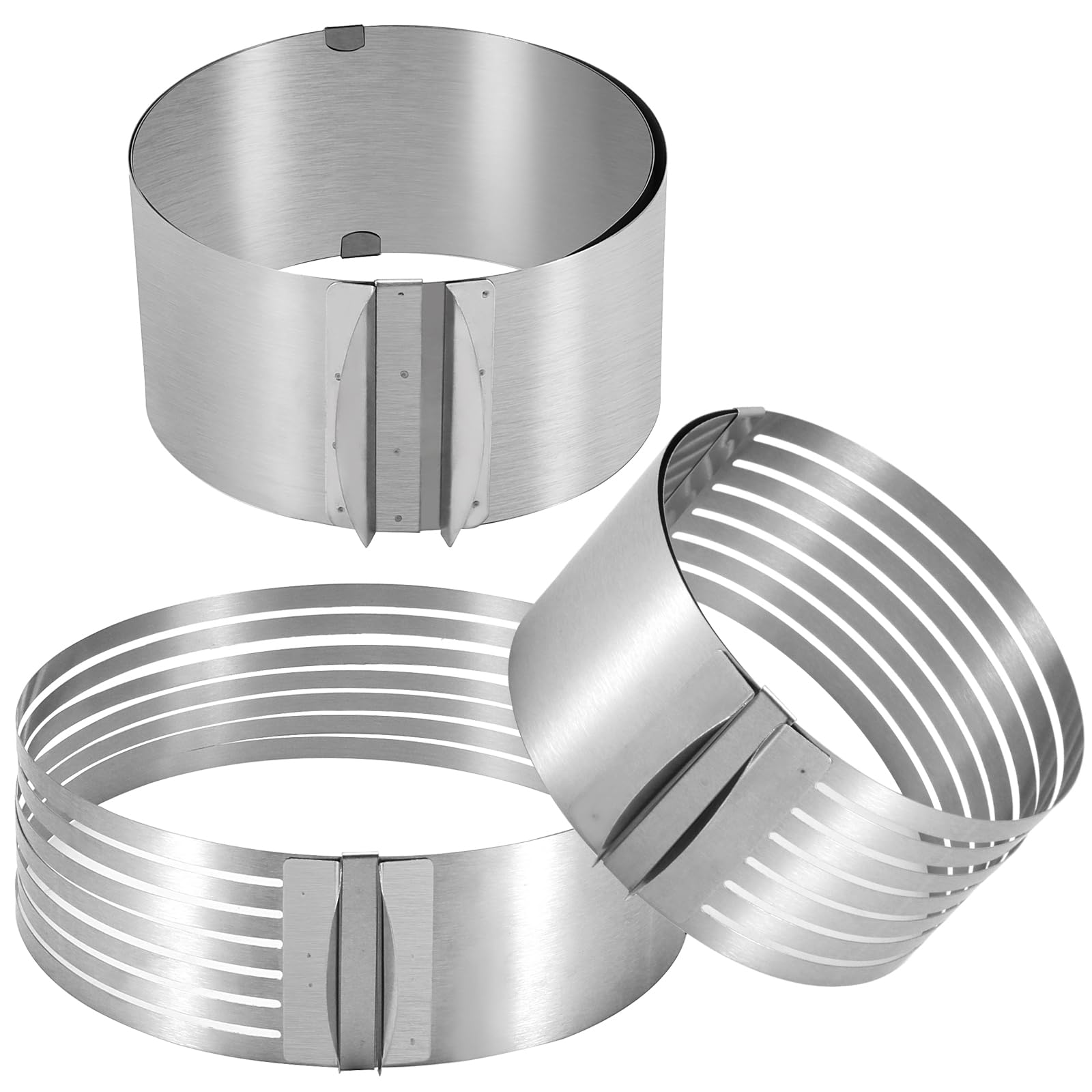 KEILEOHO Lot de 2 trancheuses à gâteau en acier inoxydable réglable 7 couches avec diamètre respectif de 15,2 à 20,3 cm et 22,9 à 30,5 cm de haut et 1 emporte-pièce réglable