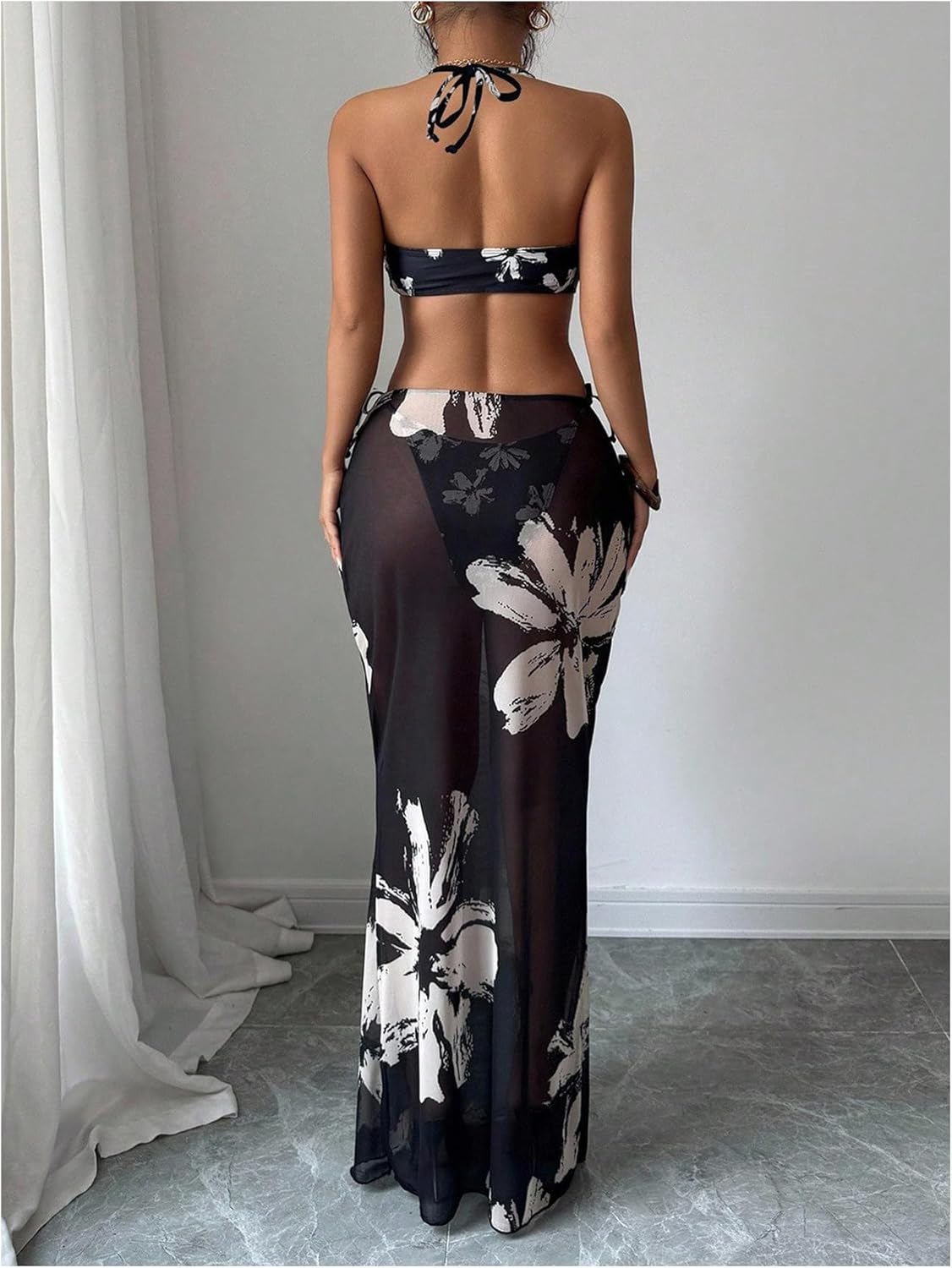 Verdusa Women's 3 Piece Boho Floral Halter Bikini Set Shell Tie Backless Swimsuit with Beach Cover Up Skirt - Image 2