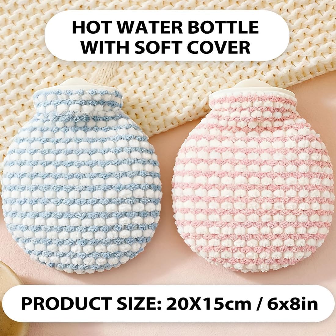 500ML Hot Water Bottle, Mini Hot Water Bag for Hot Compress, Cute Soft Fluffy Hot Bag for Pain Relief, Menstrual Cramps, Neck Shoulder, Hot Water Hand Warmer for Kids & Adults (2 Solid-Color Set)