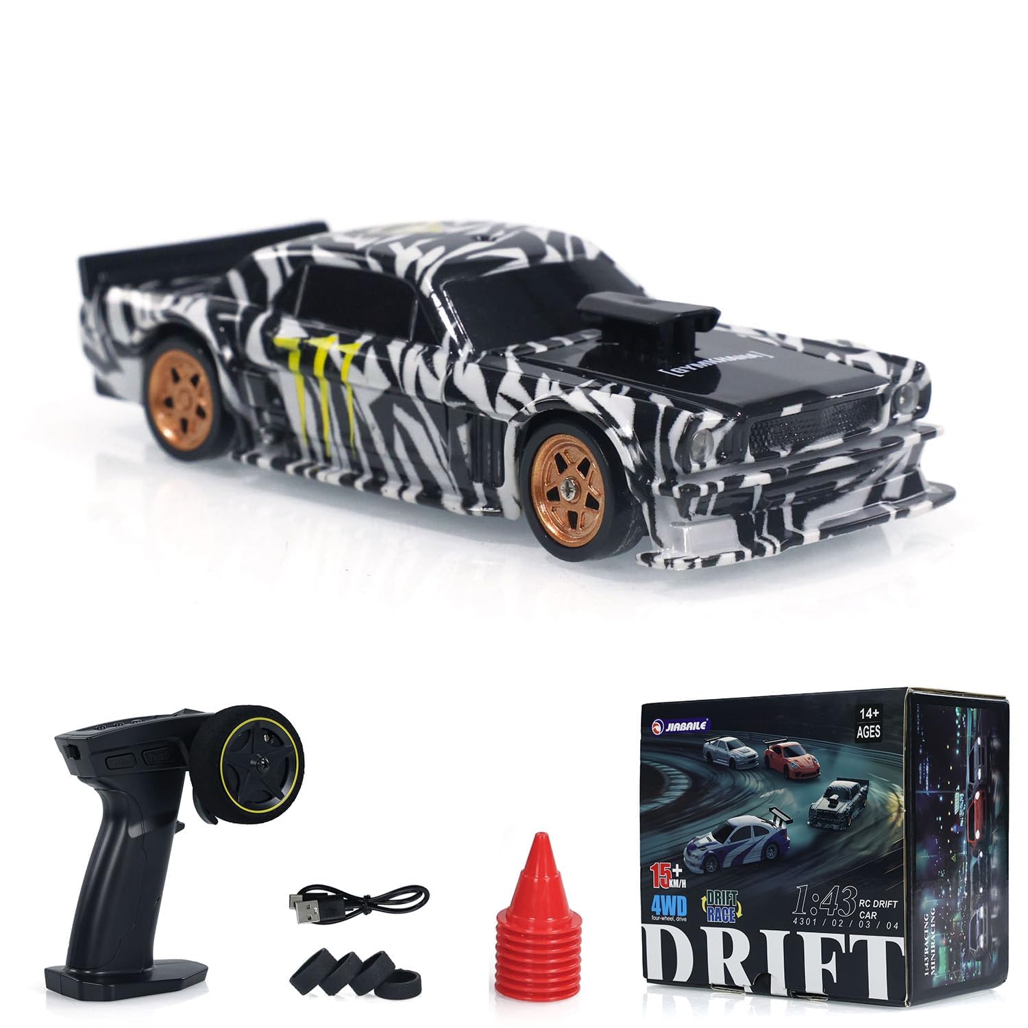 TOUCAN RC HOBBY 1:43 Ready to Run Race Car Gyro Drift Car 4WD Traffic Cones Mini Toy for Boys (White Black),US in Stock