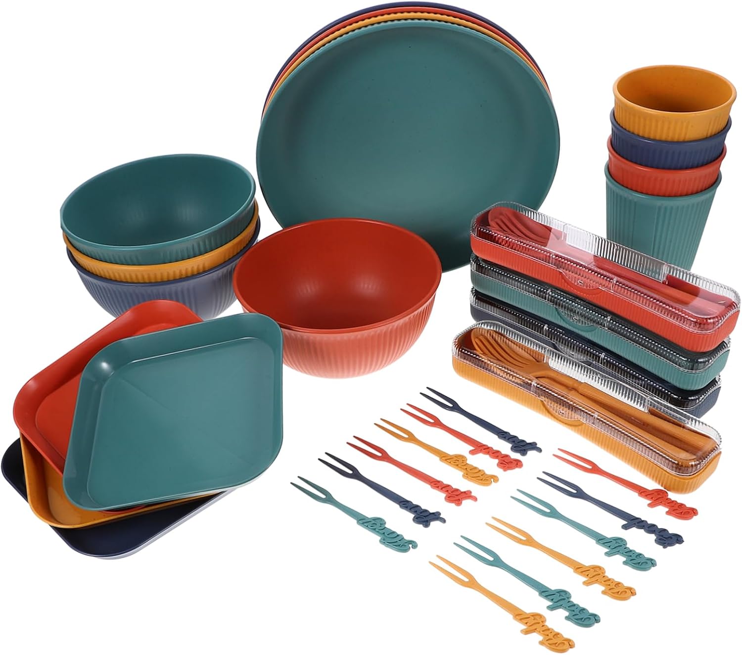 Mikinona Portable Wheat Straw Tableware Set Unbreakable Food-grade Camping Utensils Kit with Bowl Plate Cup Fork Spoon Chopsticks for Outdoor Dining