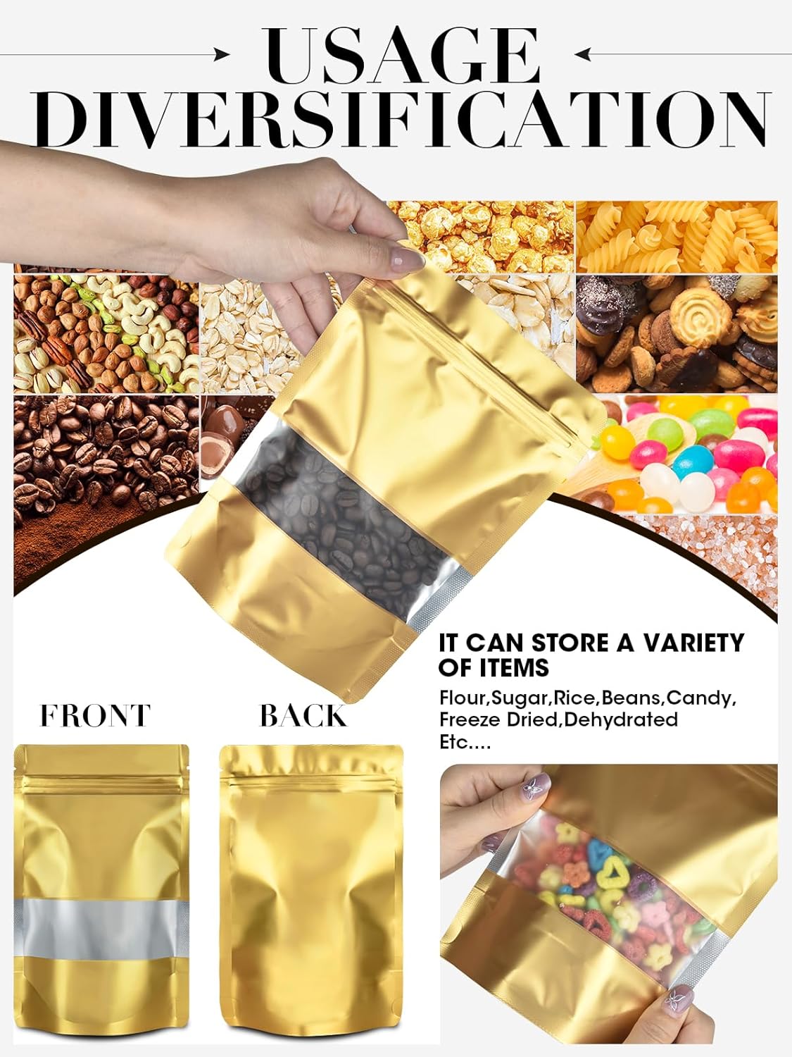 200pcs 5.5"X7.8" Mylar Bags for Food Storage,Stand-up Resealable Bag with Matte Window, Stand Up Smell Proof Bags, Foil Pouch Sealable Treat Bag for Small business Packagin(Gold)