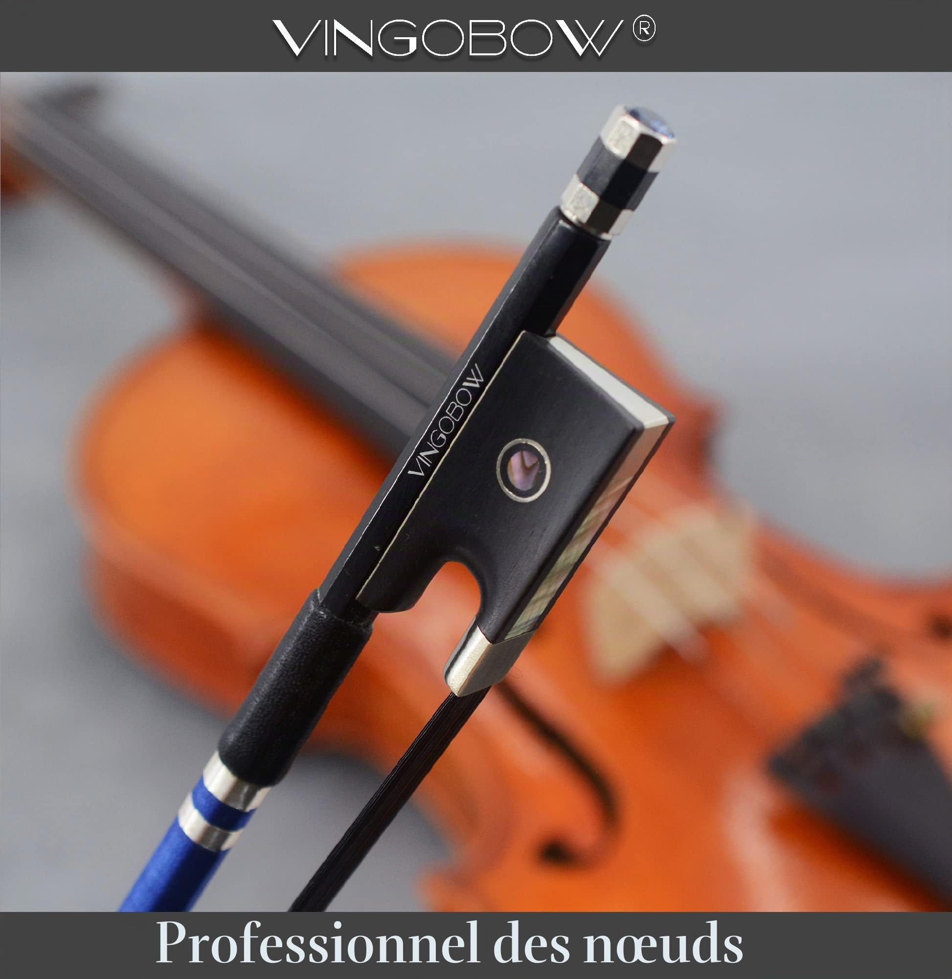 Archet de violon 4/4 en fibre de carbone avec pierres brillantes, en crin de cheval noir naturel et fil bleu
