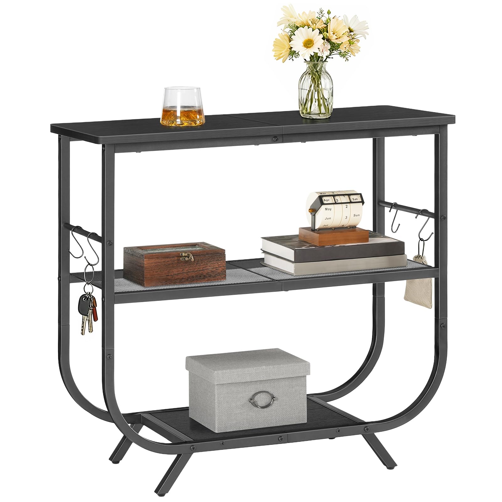 HOOBRO Dreistufiger schmaler Konsolentisch, Flurtisch mit Metallgestell, 80 x 30 x 74 cm, Sofatisch mit verstellbaren Füßen und S-Haken, Beistelltisch für Eingang, Flur, Wohnzimmer, Schwarz EBB63XG01