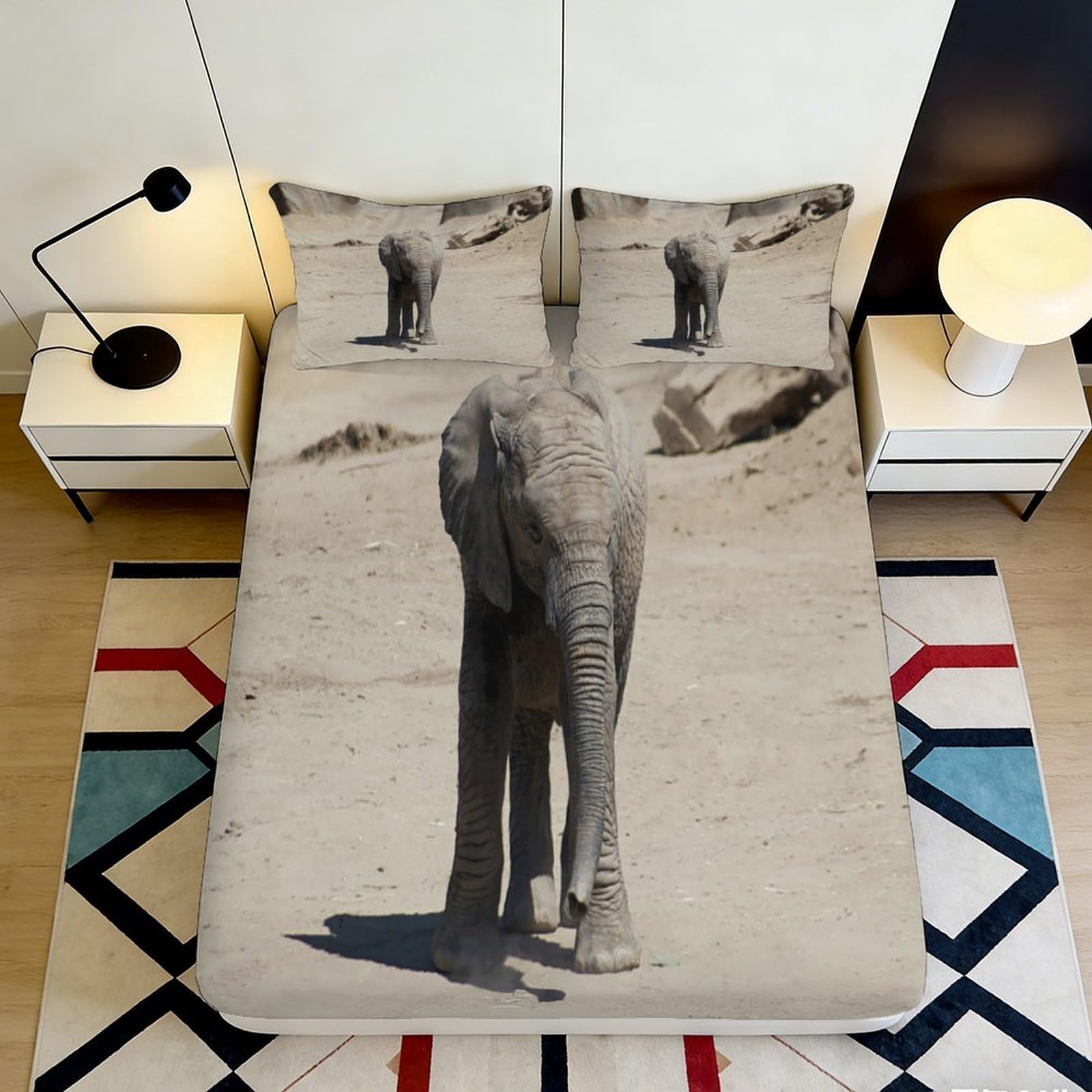3D Printed Elephant Safari Fitted Sheet Microfiber Soft Beige Wildlife Bed Cover for Bedroom Dorm Mattress Decor 90x200x25cm
