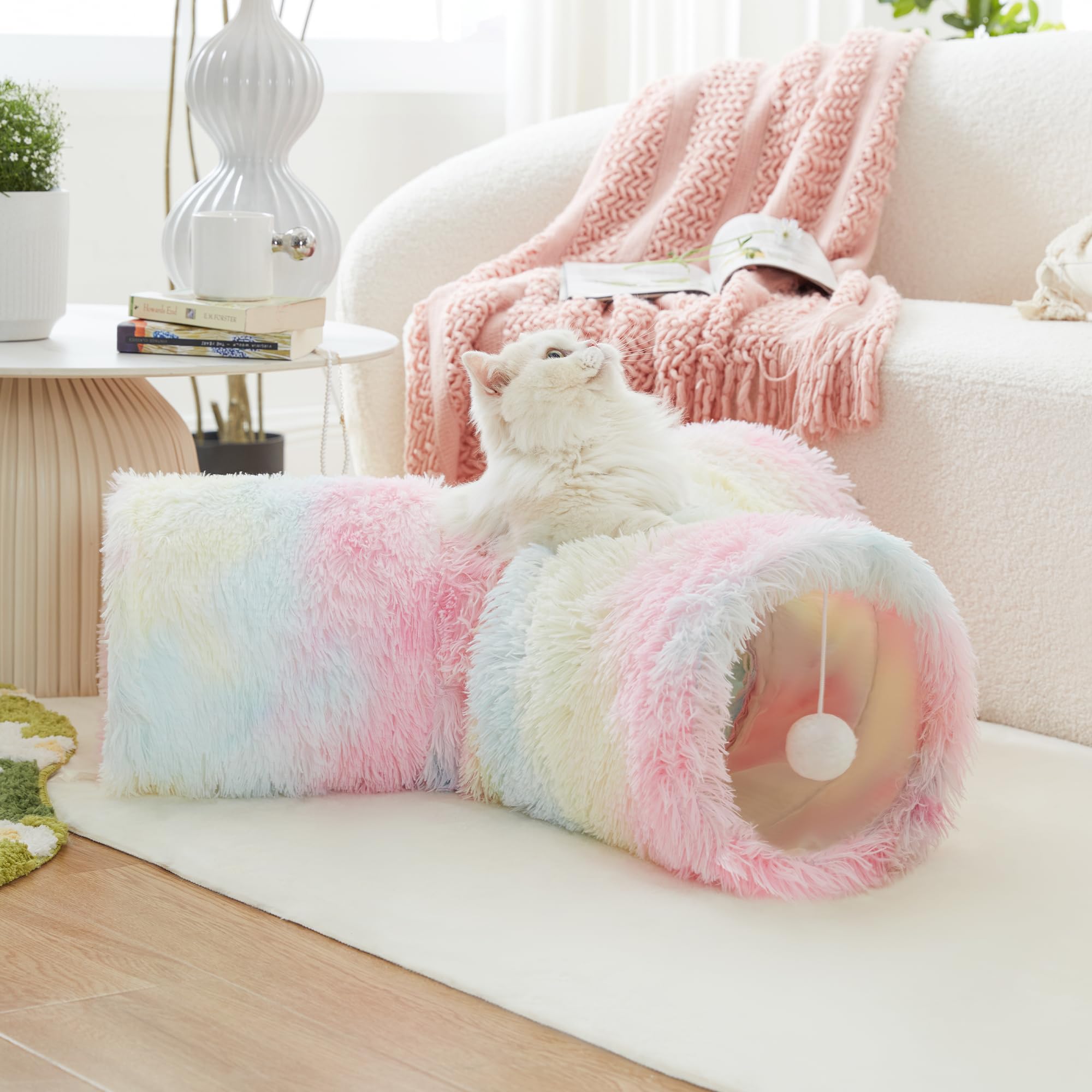 Tempcore Tunnel per gatti in peluche, pieghevole a 3 vie, tunnel per interni, giocattolo per animali domestici, gattino, coniglio, arcobaleno